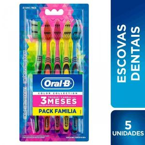 Escova de dente oral-b color collection macia pack família com 5 unidades